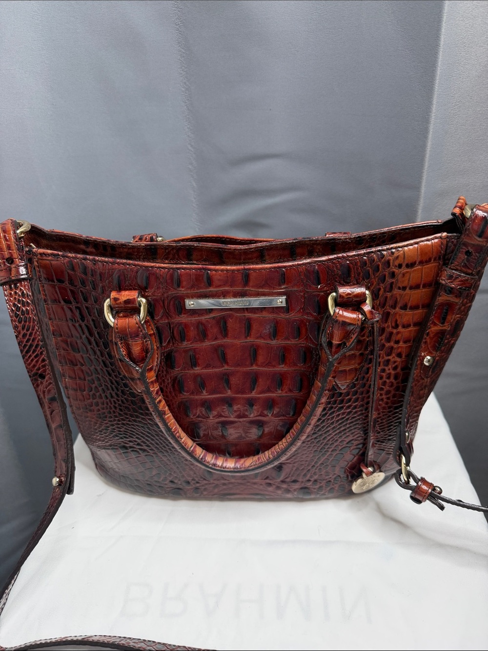 Brahmin Small Lena Deep Chestnut Croc-Embossed Leather Shoulder Bag